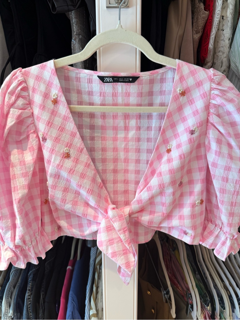 ZARA Pink Gingham Tie-Front Puff Sleeve Crop Top